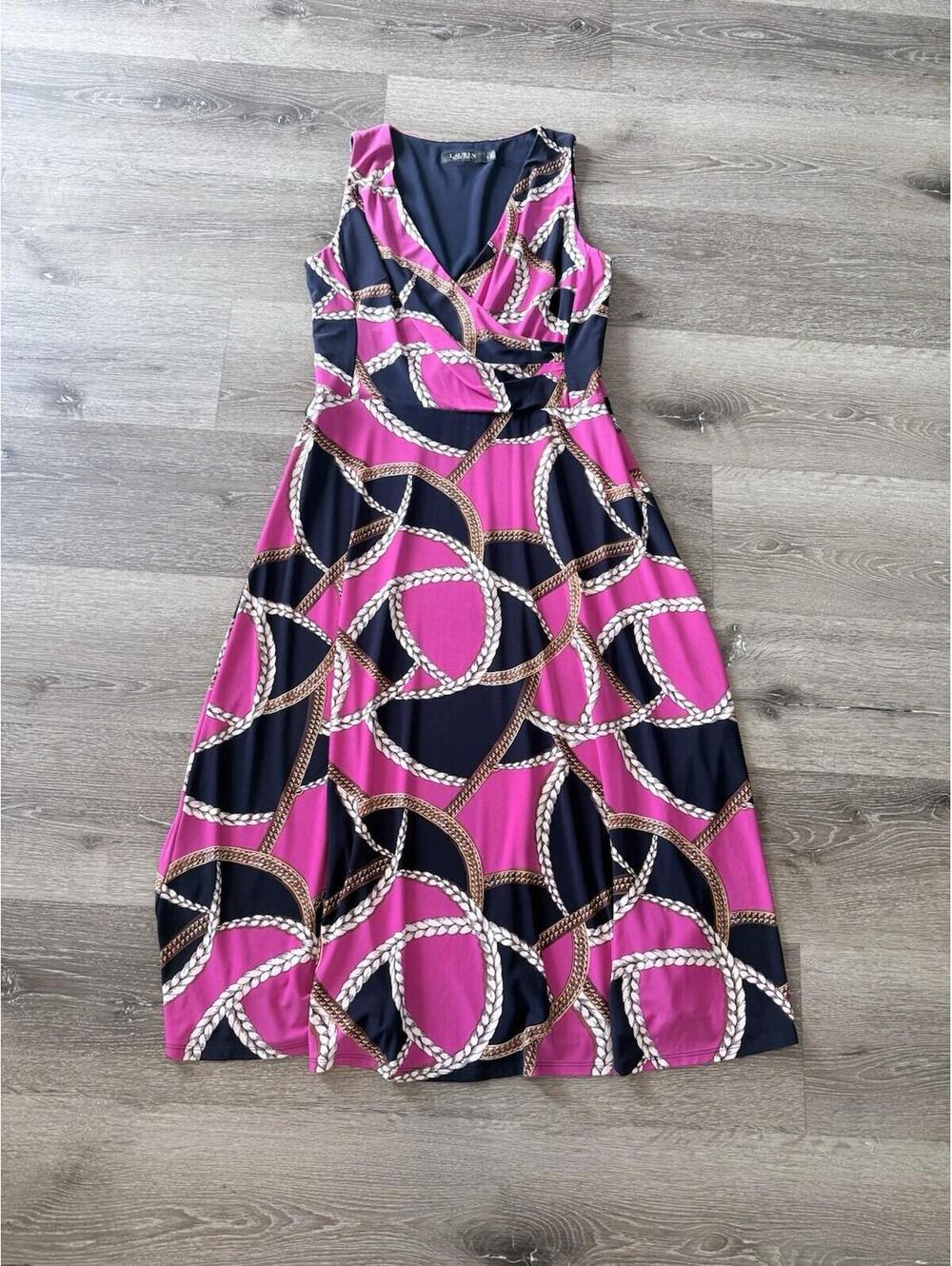 Lauren Ralph Lauren Black Label Jersey Dress Fuchsia And Navy Chain Print Size 8